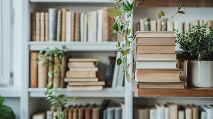 Fototapeta premium A bookcase with many books and a plant on top