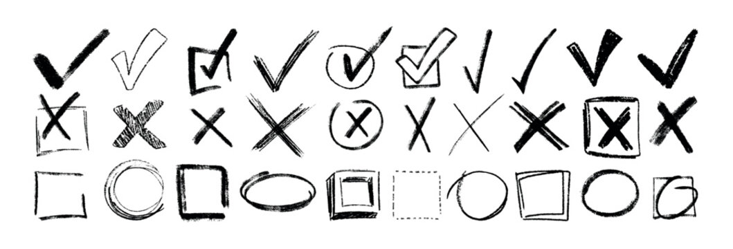 Hand drawn check mark set. Black charcoal pencil check boxes, checklist icons. Crayon sketch checkmark elements. Vector vote checkbox, correct or wrong sign. Doodle circle frames with crosses and tick
