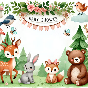 woodland cartoon animals watercolor illustration template. pre made frame for baby shower birthday invitation kids baby deer fox in the forest. cute bear rabbit and birds 2178