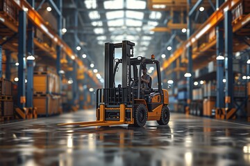 Forklift Truck with Cartons in Busy Warehouse