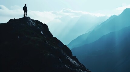 Silhouette of person in mountain. Sport and active life