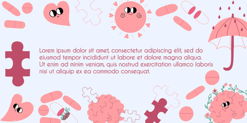 Frame with mental health conceptual funny characters. Medical banner with copy space for text. Vector illustration