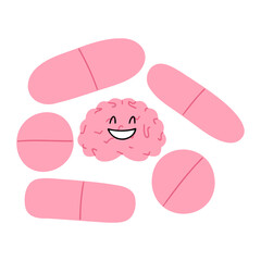 Flat mental health concept icon. Cartoon happy brain and capsules. Treatment of mental illness. Vector illustration.