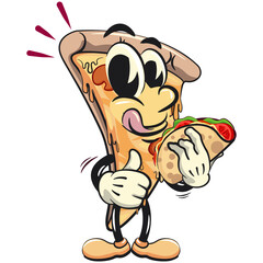 character of a slice pizza cartoon vector isolated clip art mascot illustration carrying a taco while giving a thumbs up, work of hand drawn