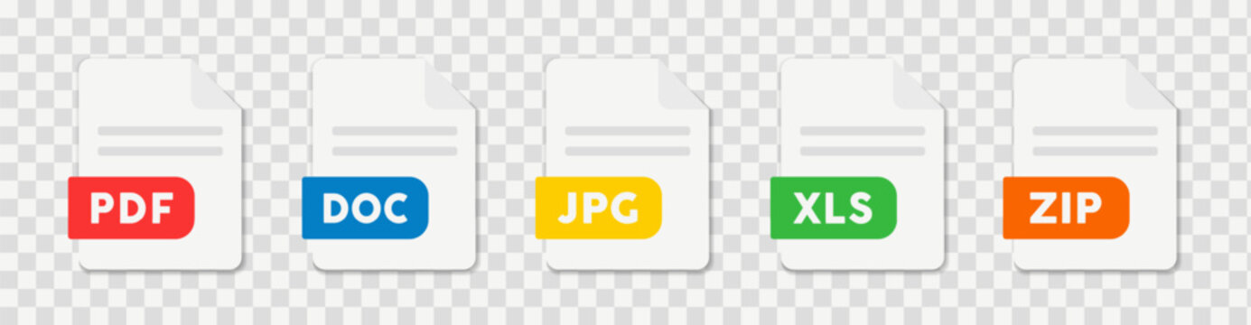 Document file icons. DOC, PDF, XLS, ZIP, JPG flat icon. Vector illustration