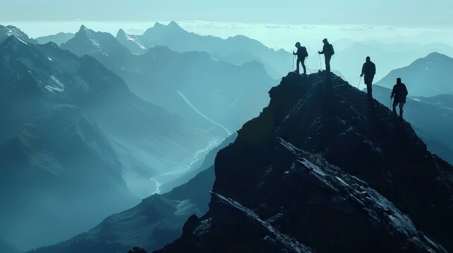 Team silhouettes on mountain peak embody sport and active life.