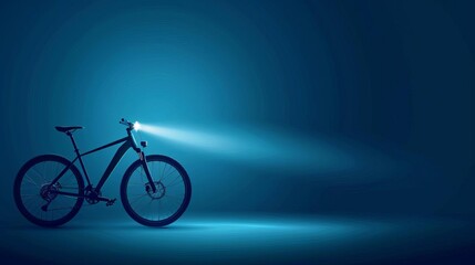 Obraz premium A minimalist photo of a bicycle with a bright headlight, casting a beam in a dark, blue-toned background, emphasizing solitude and adventure.