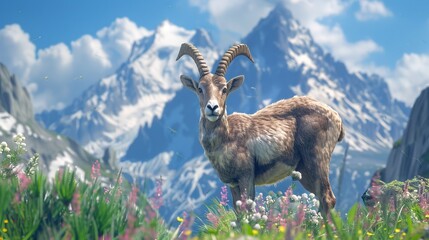 Obraz premium Wild Ibex in front of Iconic Mont Blanc Mountain Range on a Sunny Summer Day
