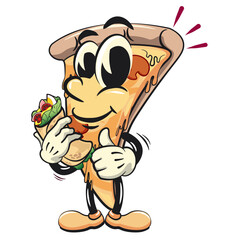 character of a slice pizza cartoon vector isolated clip art mascot illustration carrying a burritos while giving a thumbs up, work of hand drawn