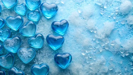 A close up image of a blue heart shaped ice cube against frozen background