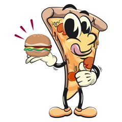 character of a slice pizza cartoon vector isolated clip art mascot illustration carrying a burger while giving a thumbs up, work of hand drawn