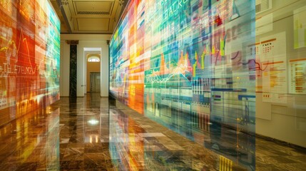 image of a digital financial tapestry woven with threads of various currencies and stock trends, hanging in a virtual gallery
