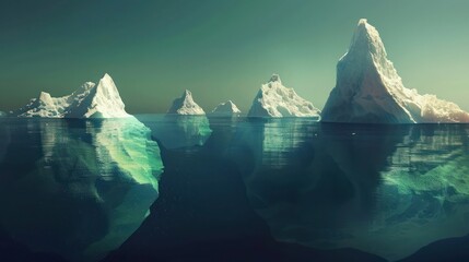 series of virtual financial icebergs, each representing a hidden risk in investment strategies, floating in a digital ocean