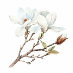 a chibi magnolia, watercolor painting, elegant white, isolated on white background