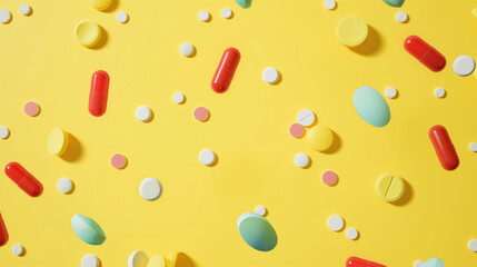 Colorful pills and medical capsules flying on yellow studio background, pharmacy promotion
