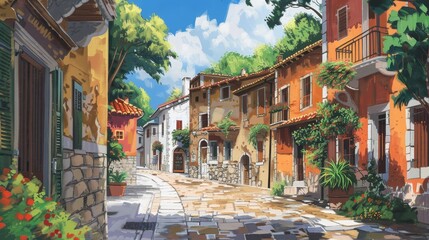 Naklejka premium Wide view of a charming village street.