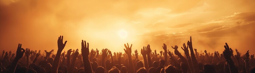 A vibrant crowd with raised hands enjoying a sunset during an outdoor music festival, captured in a panoramic view.