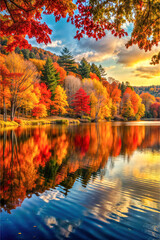 Obraz premium Lakeside stunning autumnal scene, vibrant colors reflect on a serene lake. Ideal for wall art, calendars, seasonal promotions, and postcards.
