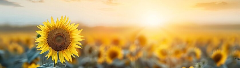 Obraz premium A vibrant sunflower field with a bright sunrise in the background, epitomizing the beauty and serenity of nature in a colorful summer landscape.