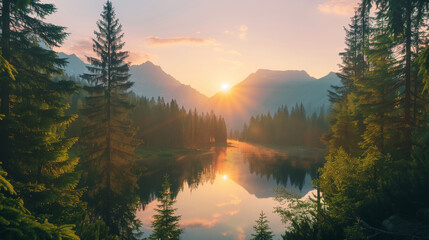 Beautiful sunset autumn landscape of mountain lake surrounded by forest