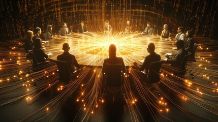 artistic rendering of corporate finance negotiations, depicted as a network of glowing fibers connecting representatives around a round table
