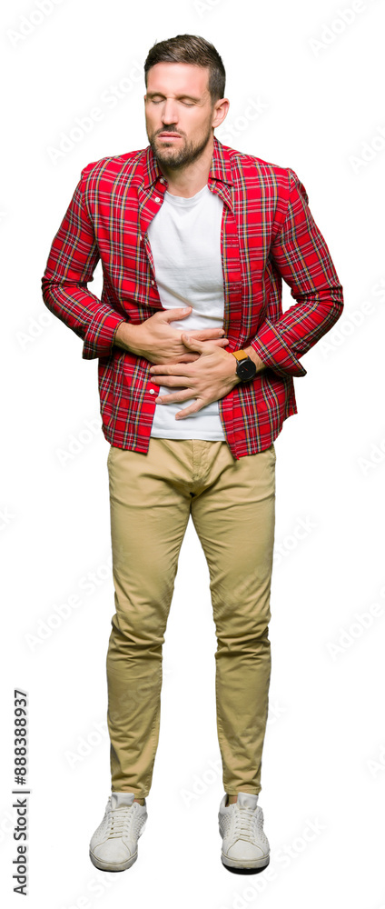 Sticker handsome man wearing casual shirt with hand on stomach because nausea, painful disease feeling unwel