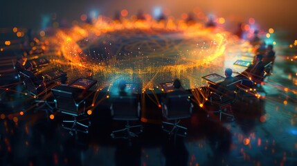 artistic rendering of corporate finance negotiations, depicted as a network of glowing fibers connecting representatives around a round table