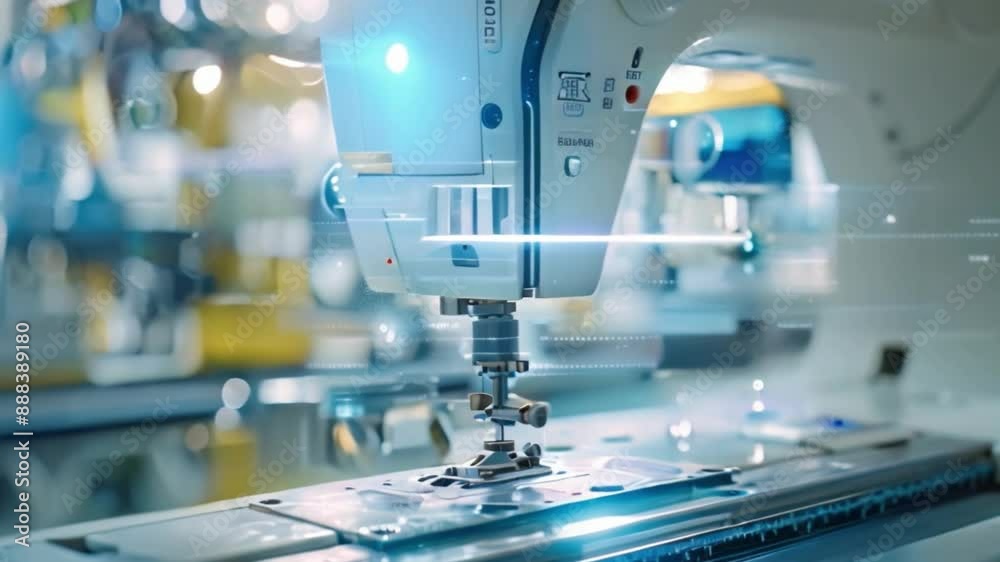 Poster a close-up shot of an industrial sewing machine with a digital overlay displaying technical data. th