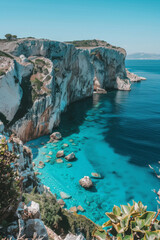 Beautiful scenery of rocky seashore and sandy beach among mountains.