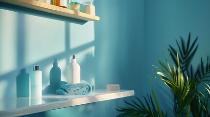 Blue wall and a shelf in the bathroom with hygiene accessories