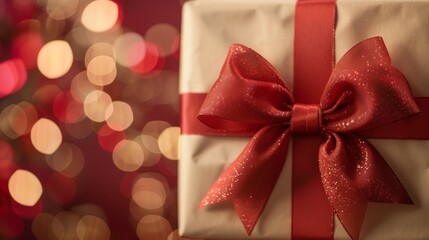 A Red Bow Gift Box In Front of Blurred Christmas Lights