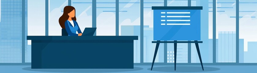 Obraz premium Businesswoman working on laptop in modern office with flip chart, skyscraper background, productivity and presentation concept.