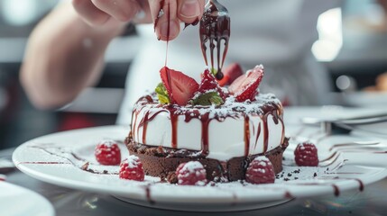 A Baker Drizzling Chocolate Sauce on a White Cake With Strawberries