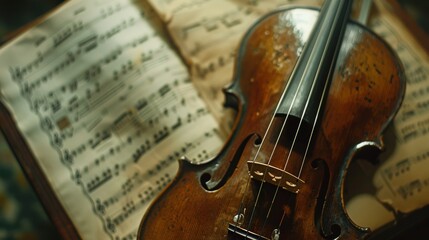 Fototapeta premium Close-up of a violin and sheet music. 
