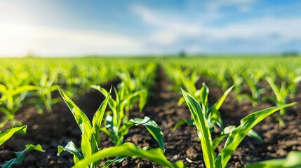 Close-up of young corn plants sprouting in a field under a blue sky, representing the growth and potential of agricultural life.