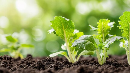 Obraz premium Close-up of young green plants growing in fertile soil with a blurred natural background, symbolizing growth and sustainable agriculture.