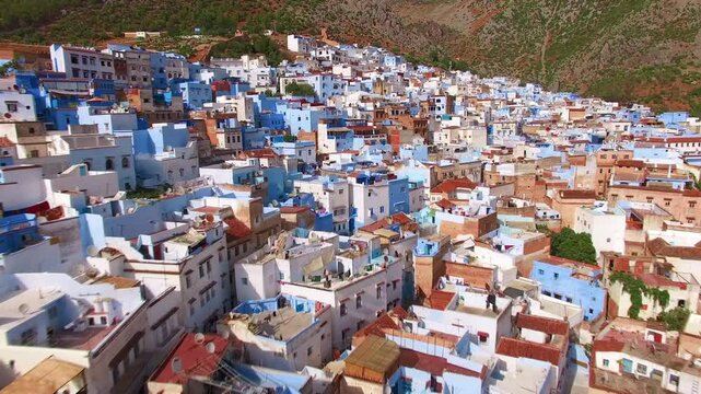 Marvel at the breathtaking panoramic view of Chefchaouen, also known as the Blue City of Morocco, renowned for its stunning blue architecture and vibrant cultural legacy