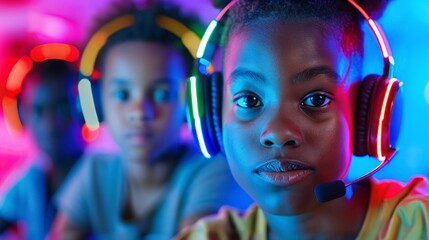 Young Black Girl Gamer with Friends in Headphones Under Colorful Neon LED Lighting