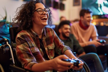 Girl in a wheelchair playing a video game with friends indoors
