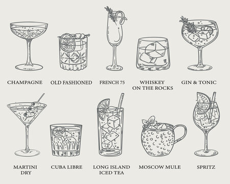 Beautiful hand drawn collection of drinks and cocktails - vector illustration