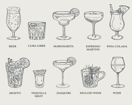 Beautiful hand drawn collection of drinks and cocktails - vector illustration