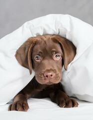 Brown Labrador Puppy in White Sheets