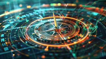 virtual financial compass with a spinning needle pointing towards different economic outcomes based on current trends