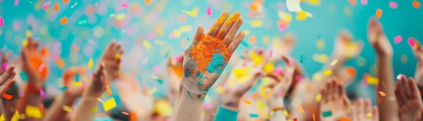Colorful celebration with hands raised in the air, confetti flying and joyful atmosphere, capturing the essence of a festive event.