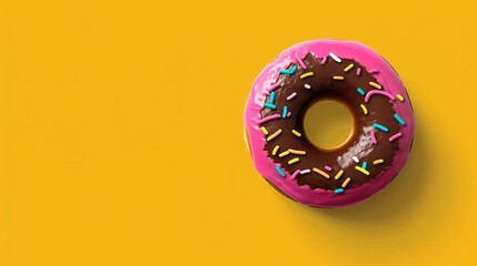 Colorful chocolate glazed donut with sprinkles on a vibrant yellow background. Perfect dessert photo for marketing and social media.