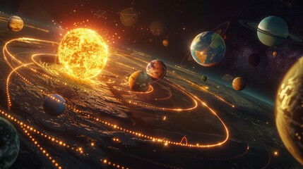 financial solar system model where each planet represents a different economic sector orbiting around a golden sun of wealth