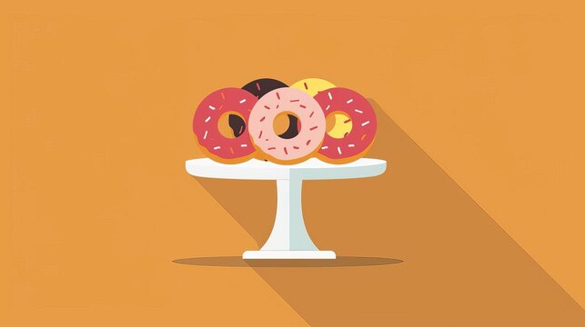 Colorful donuts on a pedestal stand with a warm yellow background, creating a bright and fun atmosphere for dessert lovers.