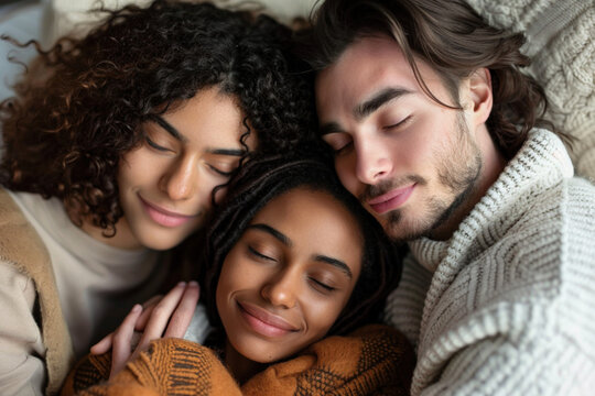 Ethical non-monogamy polyamory relationship concept. Three friends people lovers embracing lying together in bed. Friendship, happiness togetherness
