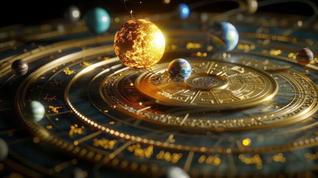 financial solar system model where each planet represents a different economic sector orbiting around a golden sun of wealth