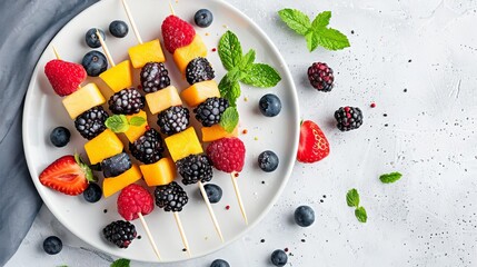 Colorful fruit kebabs with mango, berries, and mint on a white plate. Fresh and healthy summer snack on a light background.